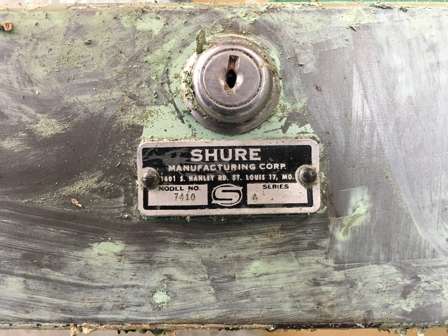 mid century steel tanker desk, displaying the manufacturers tag, Shure Manufacturing Corp.