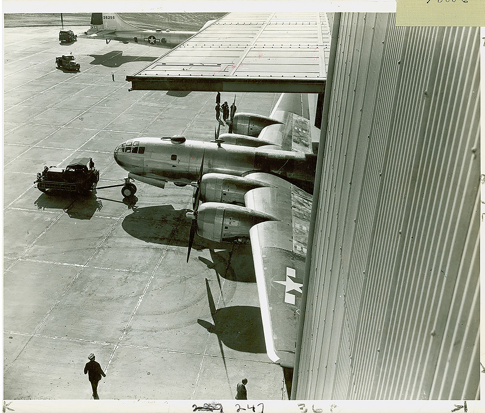 Bell Bomber Plant, Marietta, GA.  The first B-29 bomber assembled entirely in Marietta emerges from the hangar.
