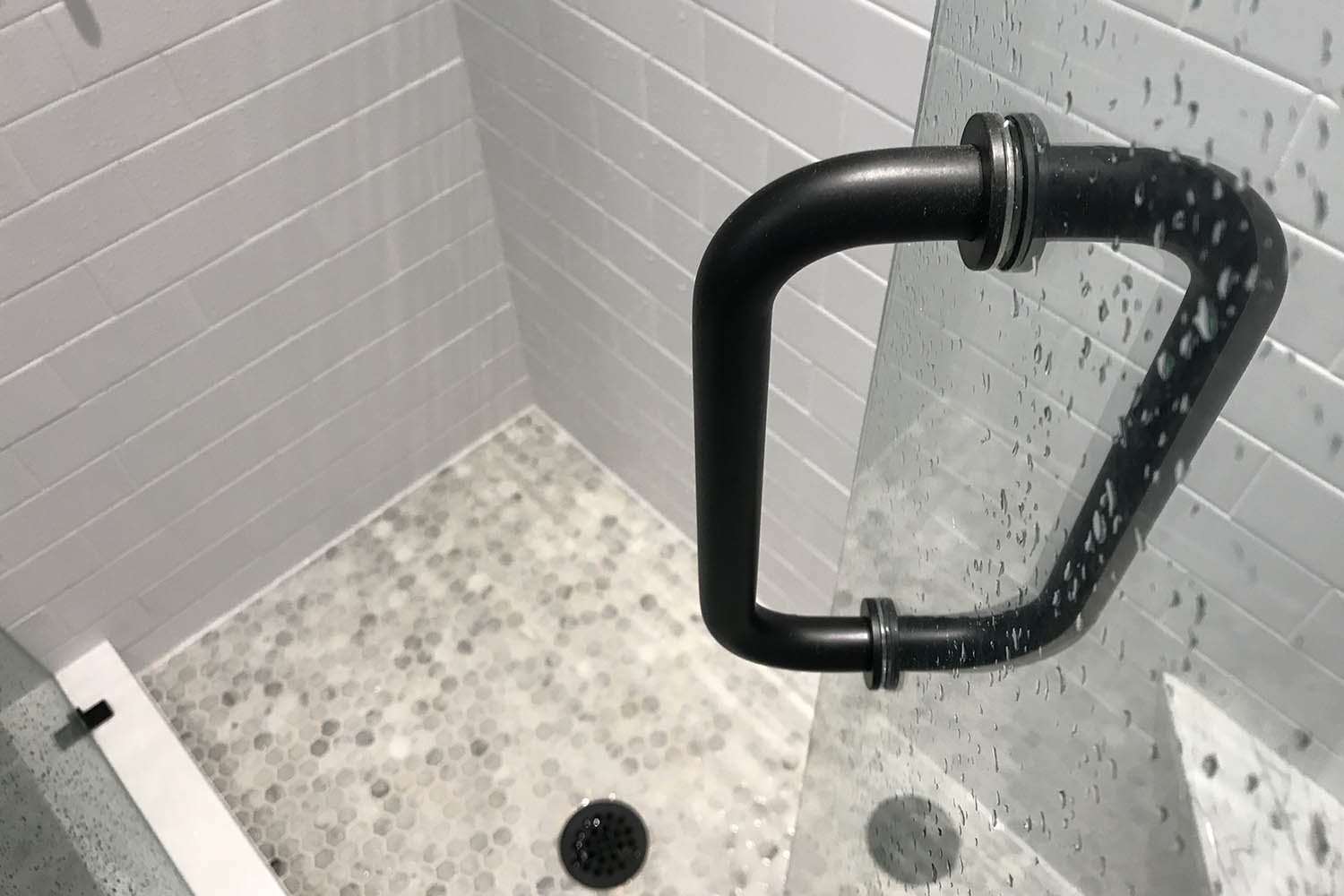 glass shower door with tile detail