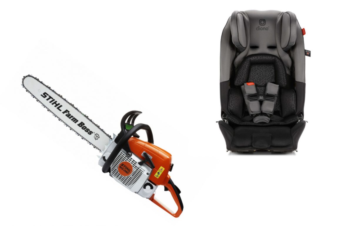 car seat and chainsaw