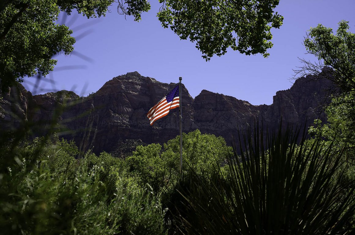 American flag flying at Zion National Park